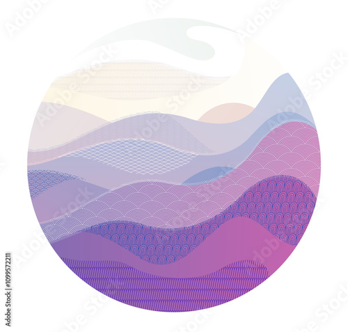 Oriental Japanese style vector abstract illustration in a shape of circle, background in Asian traditional style, wavy shapes and mountains terrain, runny like sea lines.