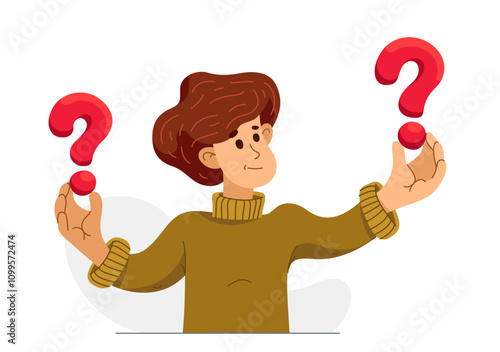 Young man having a doubt and question, vector illustration of a person who is hesitating and thinking about some problem, decide uncertainty.