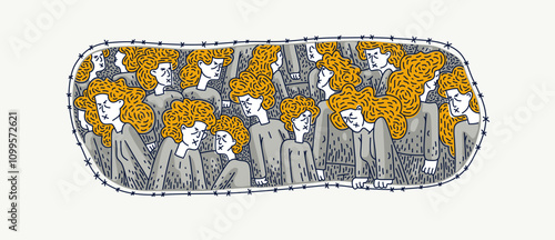 Totalitarian society and slaves, vector illustration of people with negative blind and deaf faces displays negative culture of totalitarian matrix.