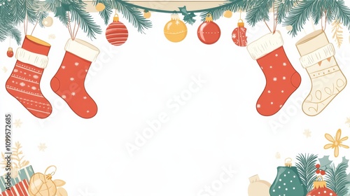 mplate bordered by illustrated stockings hanging from a hand-drawn fireplace mantel, with garlands and baubles, leaving a clean white space in the center for text, celebrating Christmas,  photo