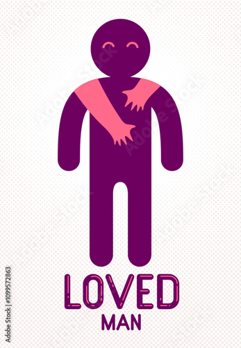 Beloved man with care hands of a lover woman hugging and caresses his shoulders, vector icon logo or illustration in simplistic symbolic style.