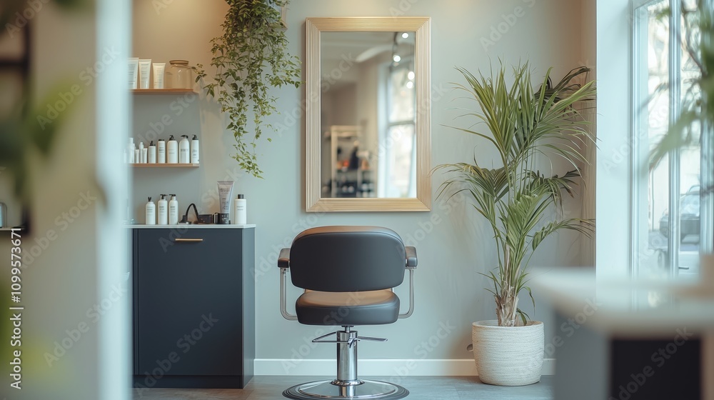 Fototapeta premium Modern Hair Salon Interior with Chair and Large Wall Mirror