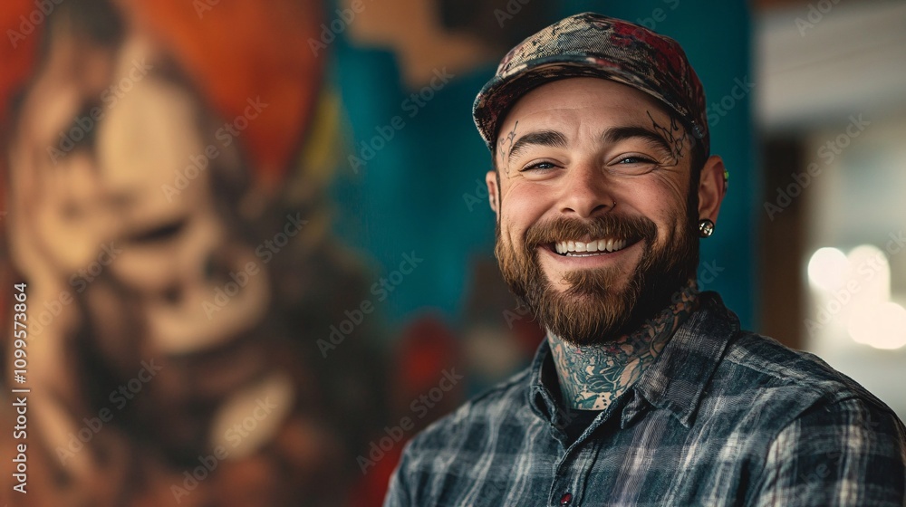 Fototapeta premium Tattoo artist smiling in his studio with colorful background