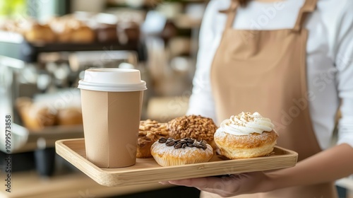 Barista holding a tray of coffee and pastries in a modern bakery bistro photo