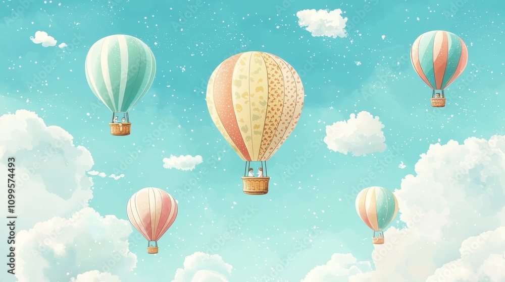 Fototapeta premium Colorful Hot Air Balloons Floating in a Blue Sky with White Clouds