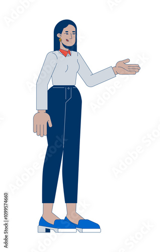 Positive arab woman pointing aside 2D cartoon character. Middle eastern female company manager presenting products isolated person flat vector on white background. Spot illustration colorful