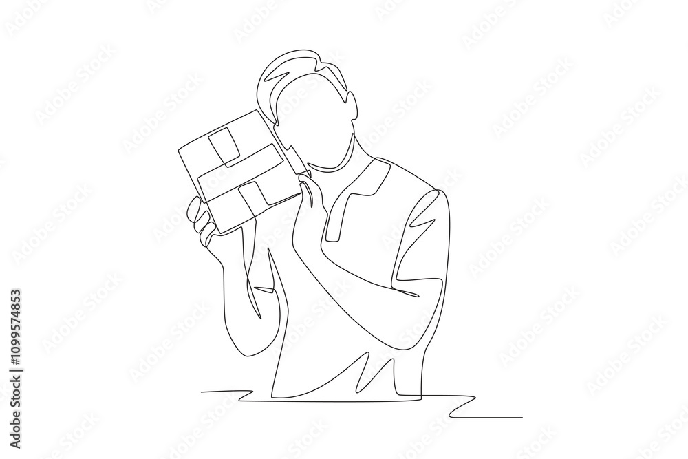 Obraz premium Men love receiving gift boxes. Gift box concept one-line drawing