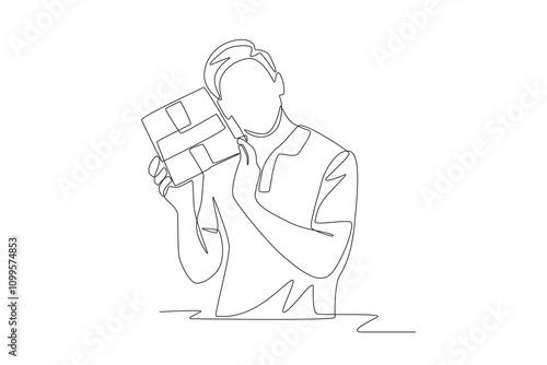 Men love receiving gift boxes. Gift box concept one-line drawing