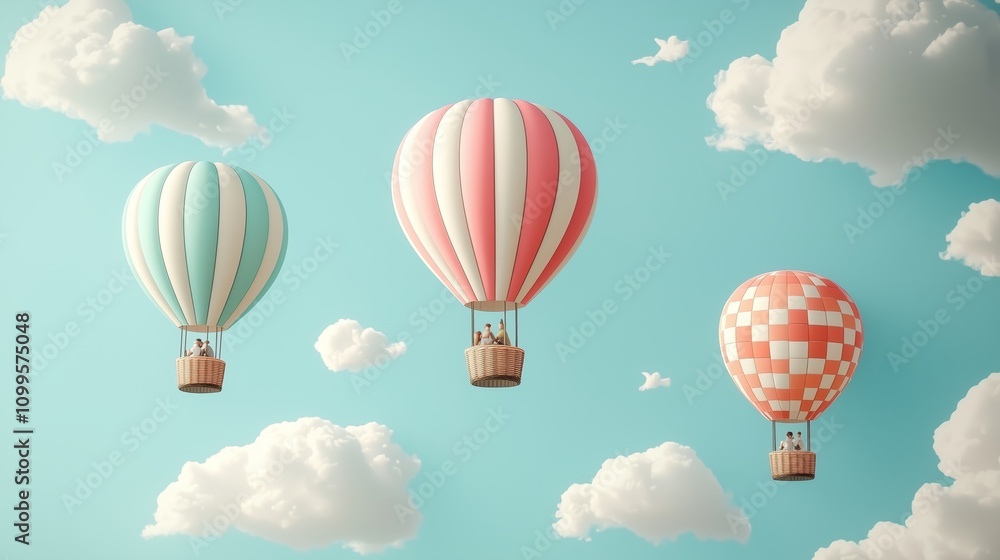 Fototapeta premium Colorful Hot Air Balloons Floating in a Blue Sky with Clouds