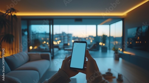 Person Holding Smartphone in Modern Living Room with Night View