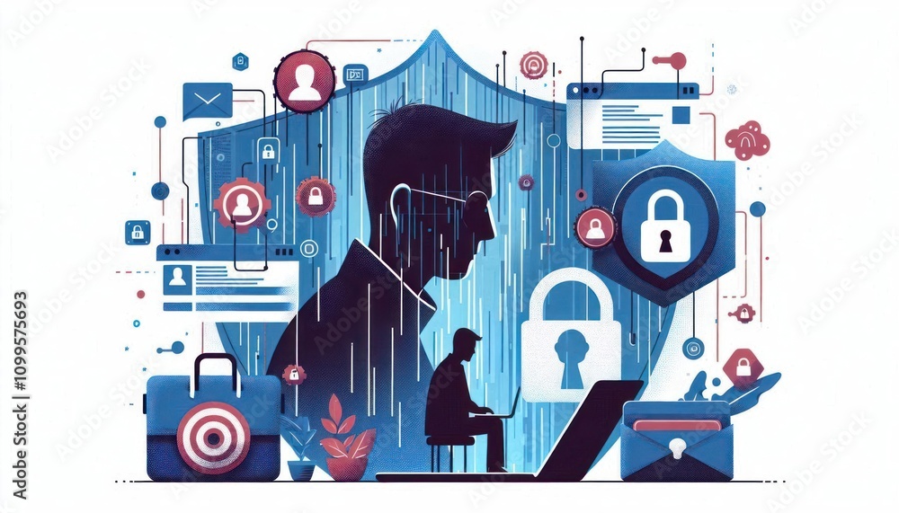 Obraz premium Silhouette of a person on laptop surrounded by icons representing privacy protection and data security, illustrating concerns over digital personal information breaches in a modern technology