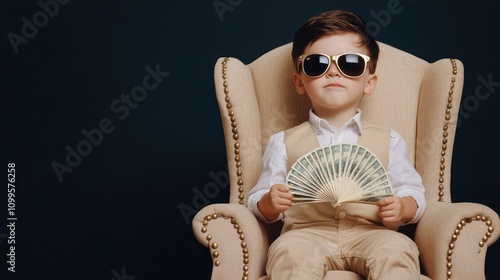 A stylish young boy in sunglasses sitting on a chair holding a fan of dollar bills, exuding playful confidence photo