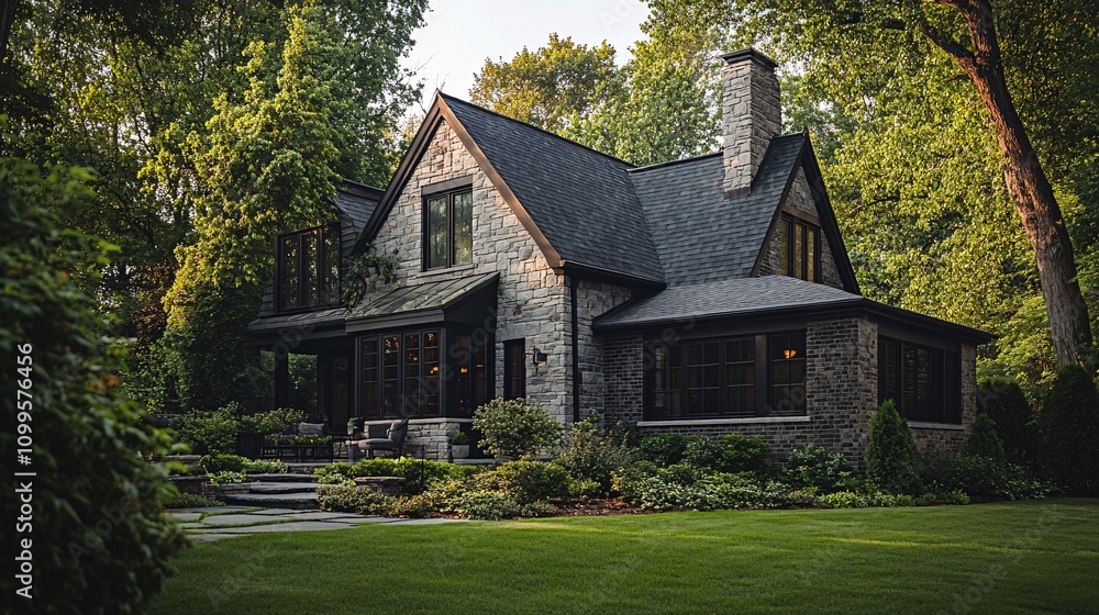 Obraz premium Luxury stone and brick house with landscaped garden surrounded by trees