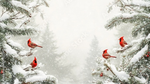  blank mockup template framed by illustrated fir trees dusted with snow and tiny red cardinals perched on branches, with ample blank space for holiday wishes, celebrating Christmas