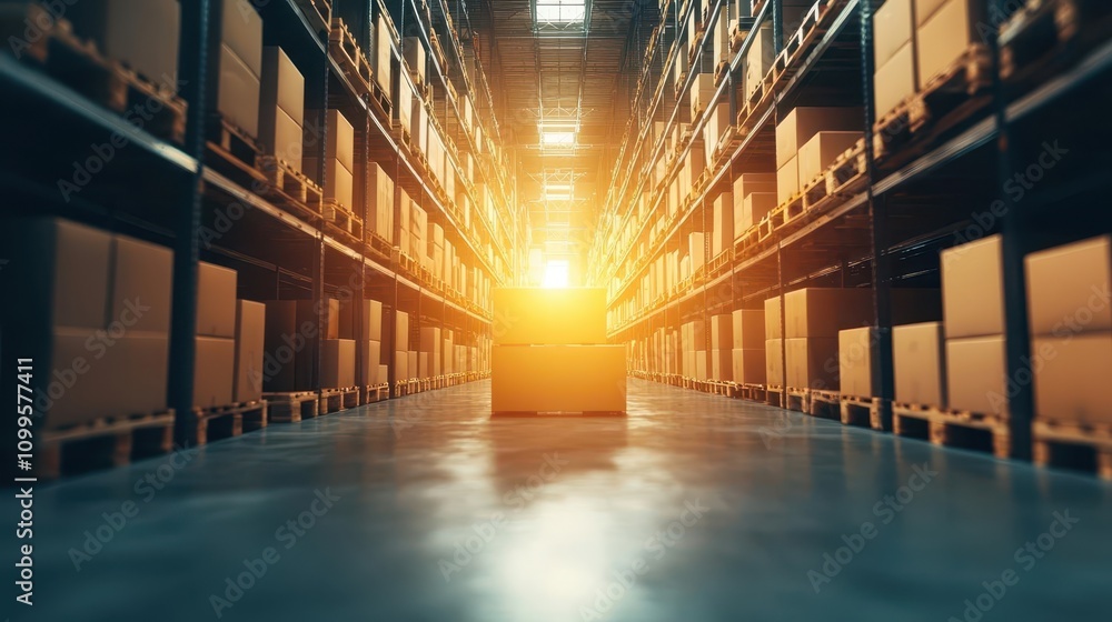 Fototapeta premium Warehouse aisles filled with goods, inventory tracking system visible on a digital screen