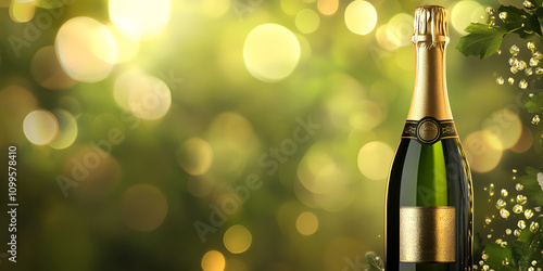 Champagne Bottle with Festive Golden Bokeh Background photo