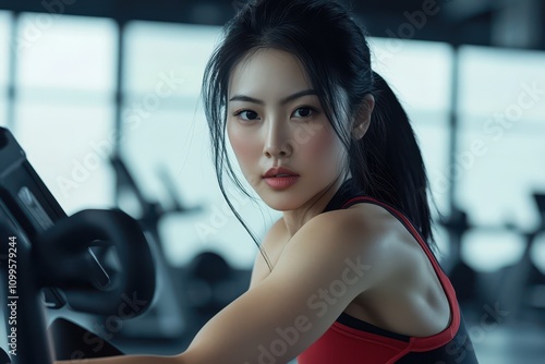 Asian woman using a rowing machine in a modern fitness center, her purecolored sports attire emphasizing focus and balance photo