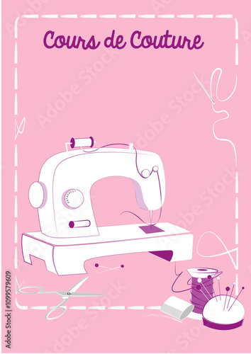 Visuel pour affiche, pour cours de couture blanc et rose - matériel de couture et machine à coudre sur fond rose
