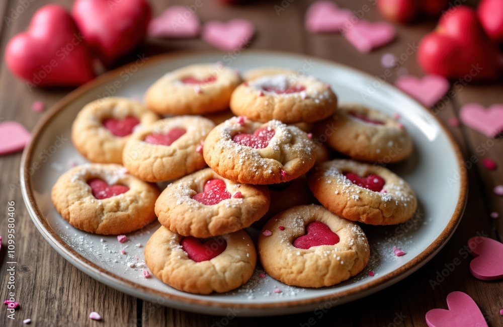 Freshly baked heart-shaped cookies arranged on plate. Sweet treats decorated with pink frosting, powdered sugar. Pink heart-shaped decorations, sprinkles scattered around plate. Perfect for Valentine Freshly baked heart-shaped cookies arranged on plate. Sweet treats decorated with pink frosting, powdered sugar. Pink heart-shaped decorations, sprinkles scattered around plate. Perfect for Valentine