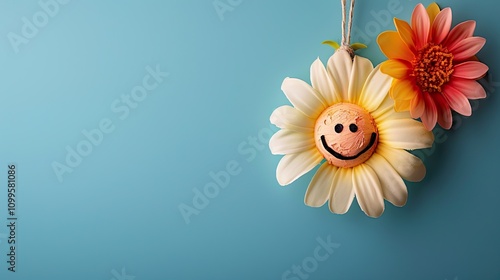 Decorative flower arrangement with smiley face on a light blue background