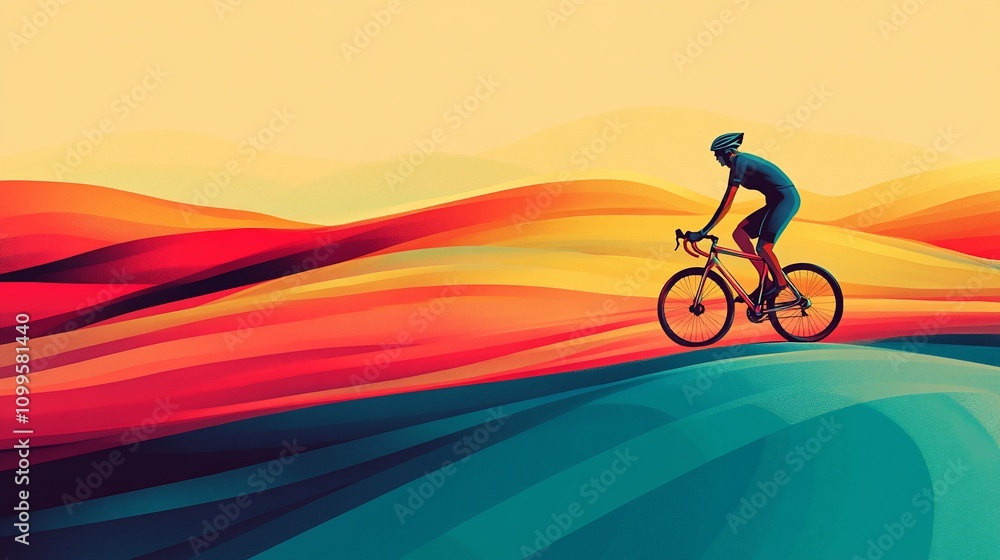 Fototapeta premium Cyclist riding road bike across colorful landscape.