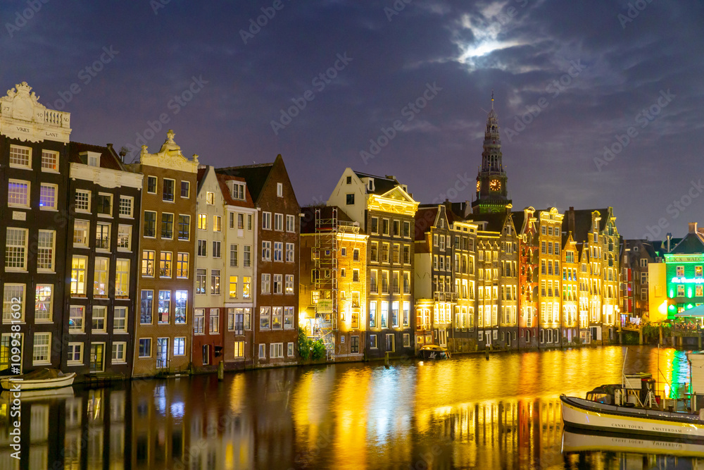 Naklejka premium Dutch houses at night, Amsterdam , Netherlands
