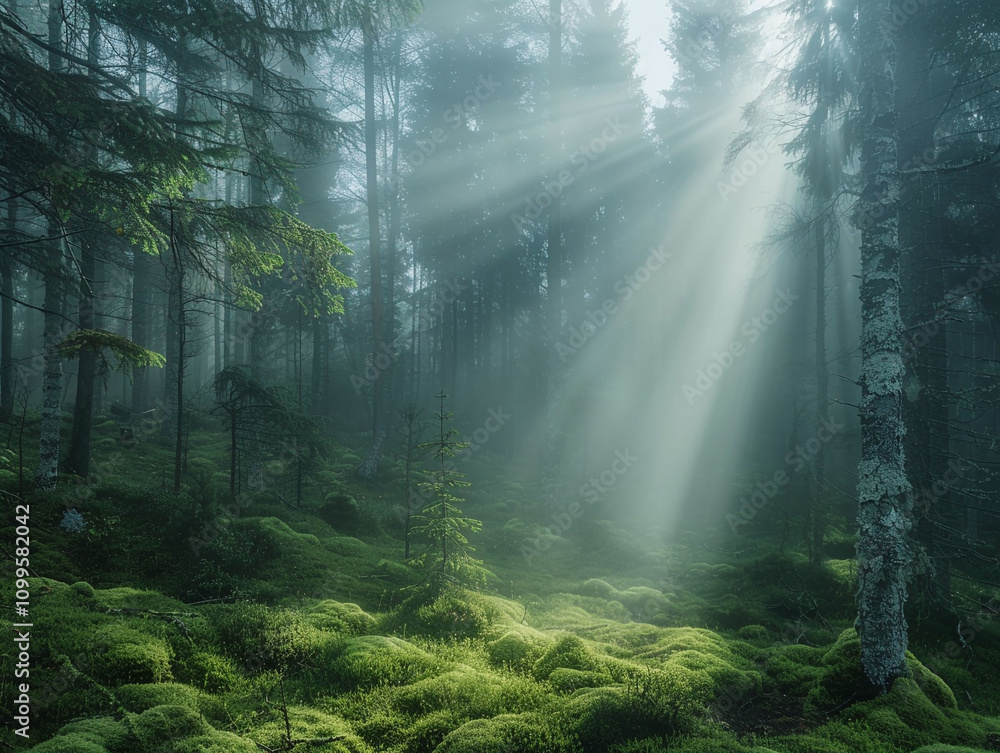 Obraz premium A tranquil Scandinavian forest scene with moss-covered stones, tall spruce trees, and a peaceful stream running through the lush greenery.