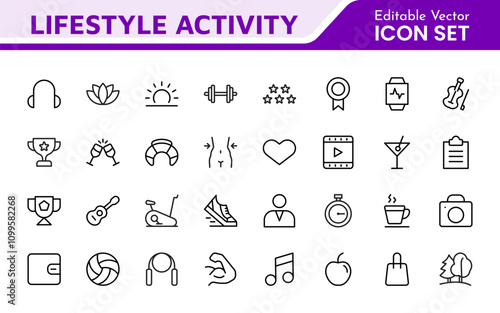 Lifestyle Icon Set. A chic and versatile collection of icons representing wellness, hobbies, daily living, lifestyle, and personal growth.