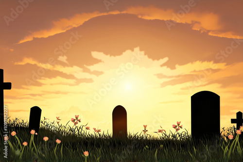 Cemetery at sunset, old tombstones against the sunset sky