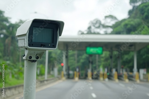 High-resolution image of a modern traffic monitoring camera positioned near a toll booth in a lush greenery environment, capturing the essence of transportation technology and road management. photo