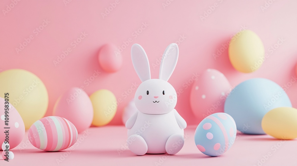 Fototapeta premium Cute easter bunny sitting with colorful eggs on pink background