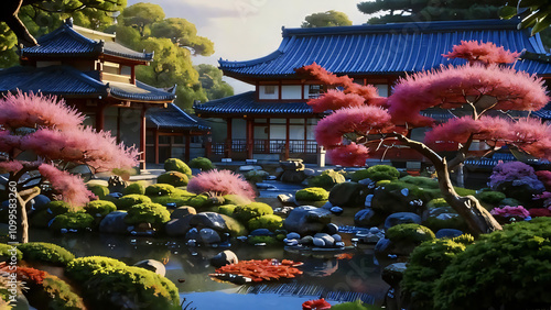 A beautiful, vibrant Japanese garden with pink flowers and trees in the foreground, lush greenery, and a small pond. In the background, traditional Japanese houses can be seen