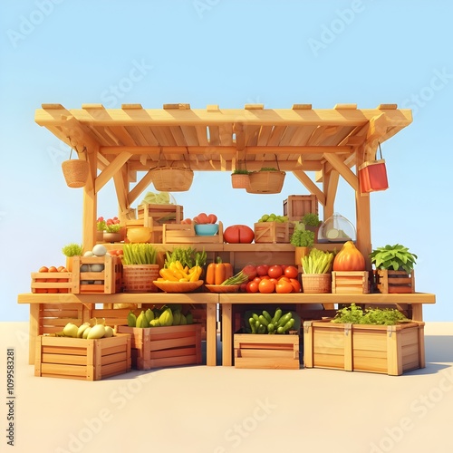 Futuristic 3D of Organic Food Market with Artisanal Wooden Stalls