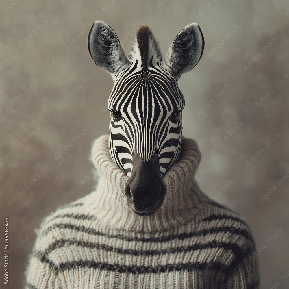 Fototapeta premium Stylish Zebra in Turtleneck Sweater, Striped Elegance, Animal Hybrid, Fashion Fusion, Surreal Portrait, Hyperrealistic Art