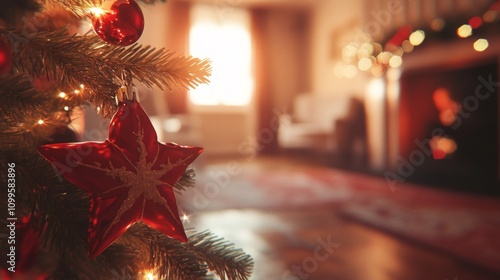 Red Star Ornament Adorns Christmas Tree In Festive Home