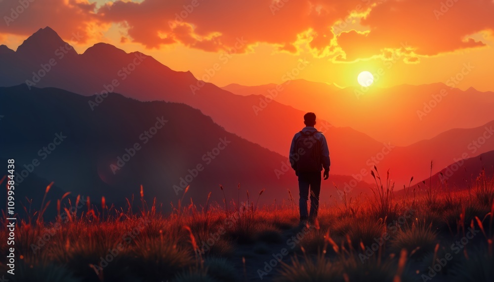 Fototapeta premium Person walks in mountain field at sunset. Golden light fills sky. Scenic beauty. Calm, peaceful atmosphere. Adventure journey concept. Solitude. Warm colors. Hilly landscape. Quiet evening.