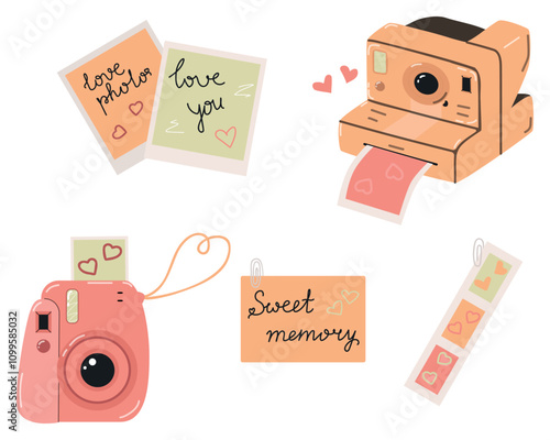 Set of vintage camera device in a cute flat style. Vector illustration of photocameras and cards.