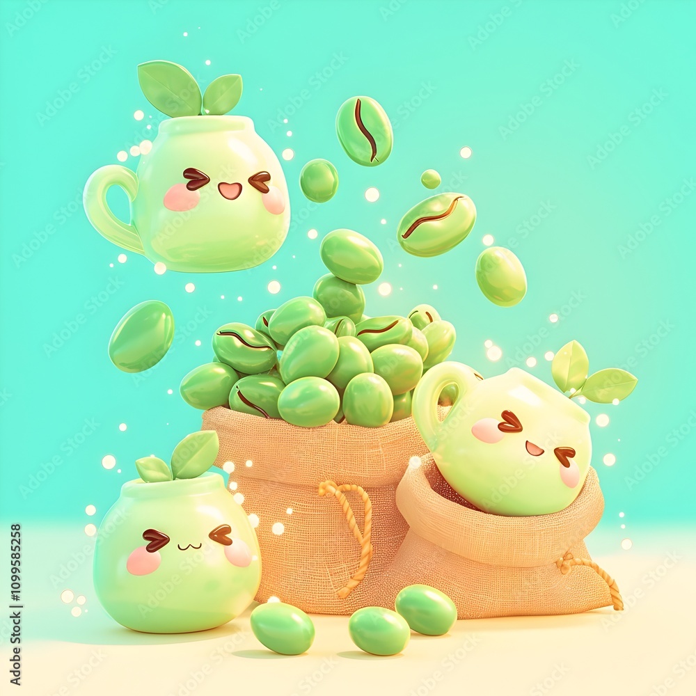 Obraz premium Whimsical 3D of Kawaii Coffee Beans Spilling from Burlap Sacks in Soft Pastel Palette