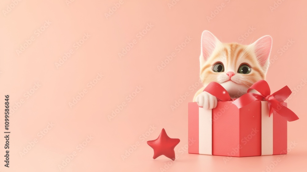 Obraz premium blank mockup template with a whimsical cartoon kitten peeking out of a gift box in the lower right corner, leaving the top and center open for holiday text, celebrating Christmas