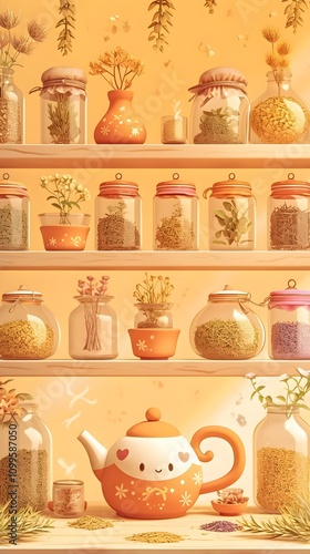 Whimsical Herbal Tea Display with Adorable Cartoon Style Teapot and Dried Herbs in Pastel 3D