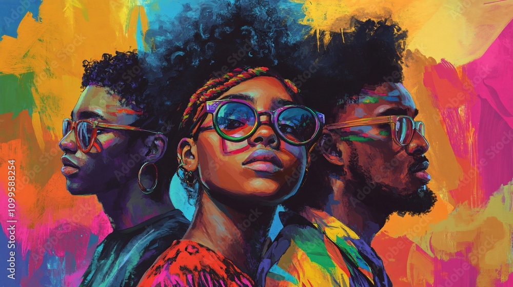 Obraz premium Three young black people wearing sunglasses on colorful background