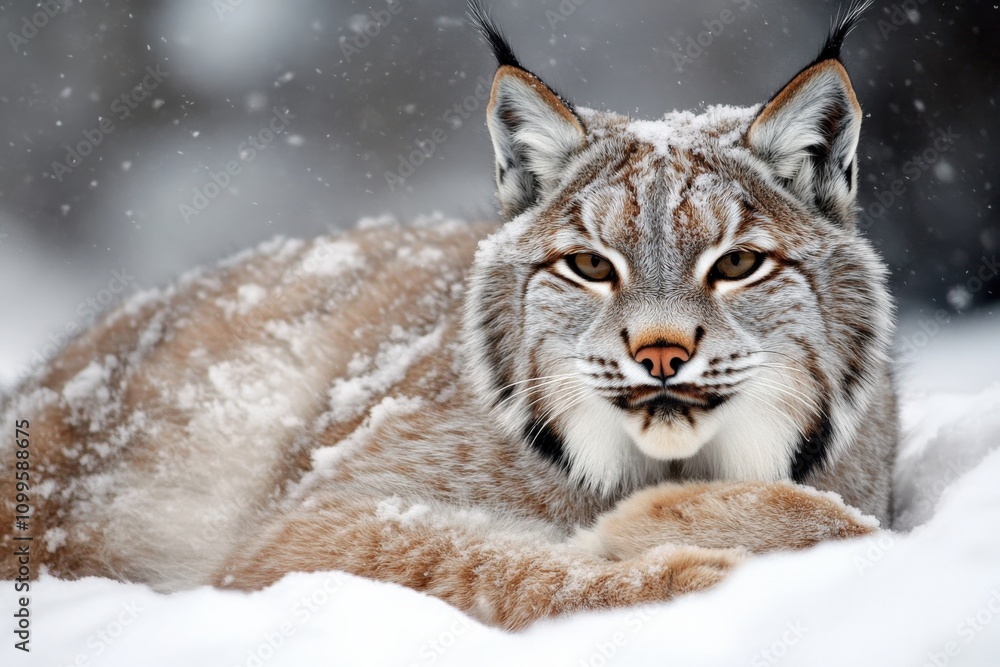 Obraz premium Lynx In Snow. Closeup of Canada Lynx Sitting in Winter Snow, Wildlife in Canada