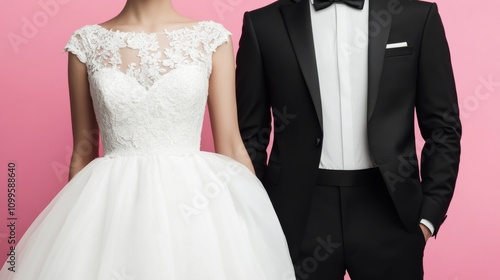 A white wedding dress and a black suit are shown against a pink backdrop. ID_b9a6837c-802d-4ec0-9c04-b67f8860b718 --ar 16:9 --v 6.1 Job ID: c347132a-1e29-4160-9be0-9228675a43f5 photo