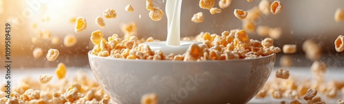 Cereal falling into a bowl with milk being poured into it photo