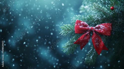 Snowy Christmas Tree Branch With Red Bow