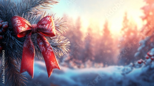 Snowy Winter Branch With Red Festive Bow