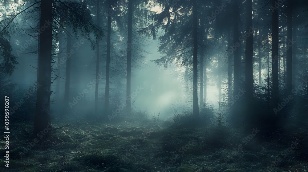Misty Forest Path Enveloped in Deep Shadows Misty Forest Path Enveloped in Deep Shadows
