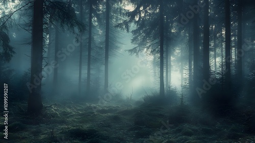 Misty Forest Path Enveloped in Deep Shadows