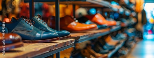 Luxury leather shoes displayed on wooden shelves in a boutique photo