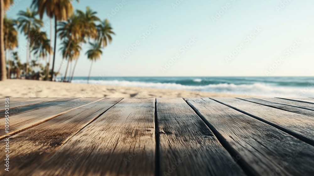 Fototapeta premium Wooden deck overlooking a tropical beach with palm trees and ocean waves in the background under a clear sky.